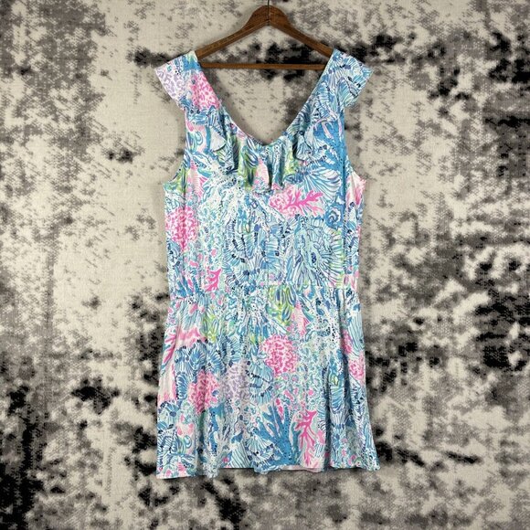 Lilly Pulitzer Alessa Romper Dress Womens Size Large Sink or Swim V-Neck Ruffle - Picture 2 of 9